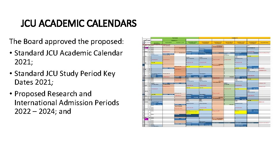 JCU ACADEMIC CALENDARS The Board approved the proposed: • Standard JCU Academic Calendar 2021;