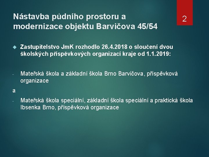 Nástavba půdního prostoru a modernizace objektu Barvičova 45/54 Zastupitelstvo Jm. K rozhodlo 26. 4.