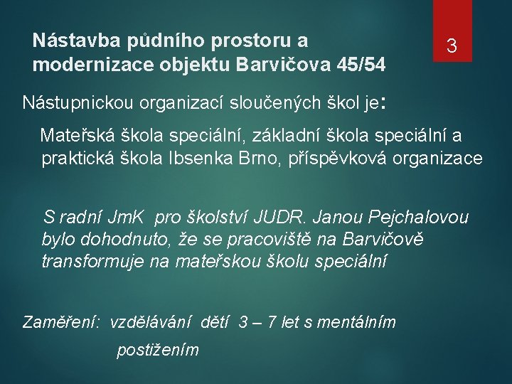 Nástavba půdního prostoru a modernizace objektu Barvičova 45/54 3 Nástupnickou organizací sloučených škol je: