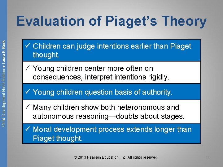 Child Development Ninth Edition ● Laura E. Berk Evaluation of Piaget’s Theory ü Children