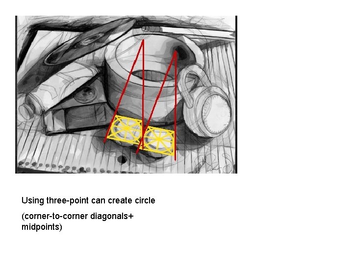 Using three-point can create circle (corner-to-corner diagonals+ midpoints) Using three-point can create circle (corner-to-corner diagonals+ midpoints)