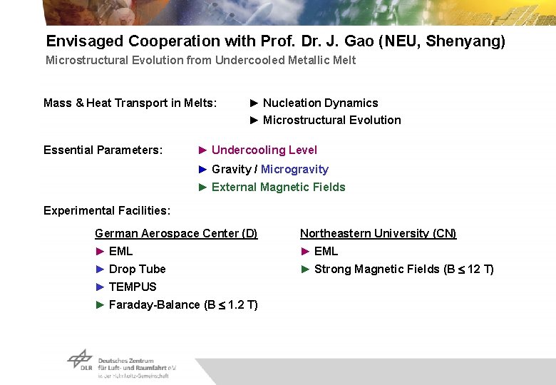 Envisaged Cooperation with Prof. Dr. J. Gao (NEU, Shenyang) Microstructural Evolution from Undercooled Metallic