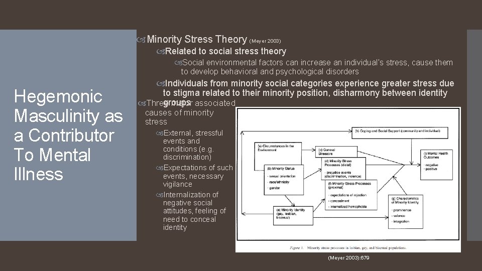  Minority Stress Theory (Meyer 2003) Related to social stress theory Social environmental factors