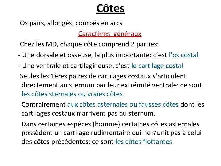 Côtes Os pairs, allongés, courbés en arcs Caractères généraux Chez les MD, chaque côte