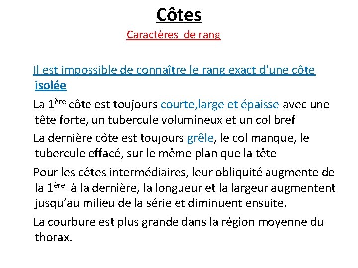 Côtes Caractères de rang Il est impossible de connaître le rang exact d’une côte