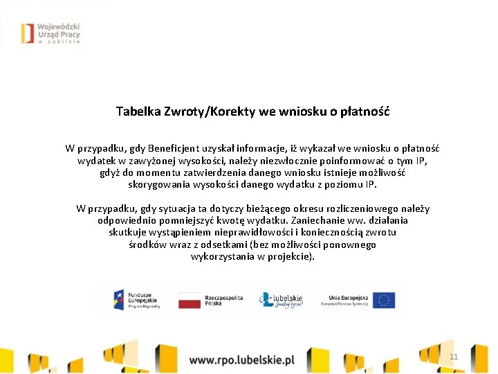 Tabelka Zwroty/Korekty we wniosku o płatność W przypadku, gdy Beneficjent uzyskał informacje, iż wykazał