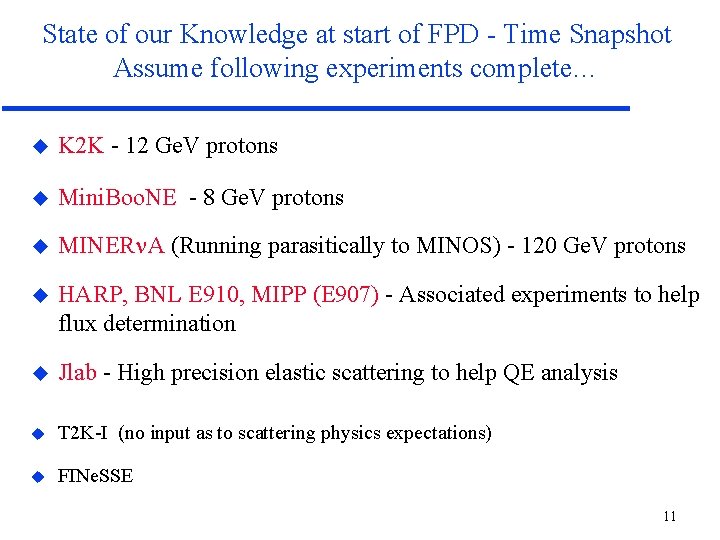 State of our Knowledge at start of FPD - Time Snapshot Assume following experiments