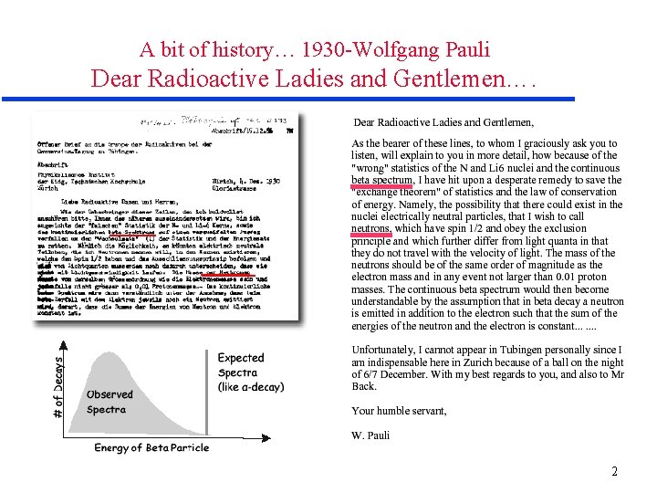 A bit of history… 1930 -Wolfgang Pauli Dear Radioactive Ladies and Gentlemen…. 2 