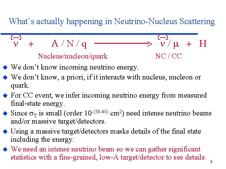 What’s actually happening in Neutrino-Nucleus Scattering + A/N/q > /m + H Nucleus/nucleon/quark NC