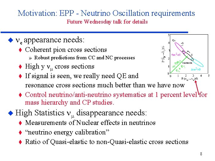 Motivation: EPP - Neutrino Oscillation requirements Future Wednesday talk for details e appearance t
