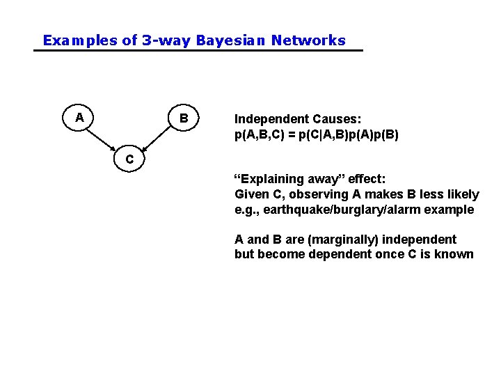 Examples of 3 -way Bayesian Networks A B Independent Causes: p(A, B, C) = Examples of 3 -way Bayesian Networks A B Independent Causes: p(A, B, C) =