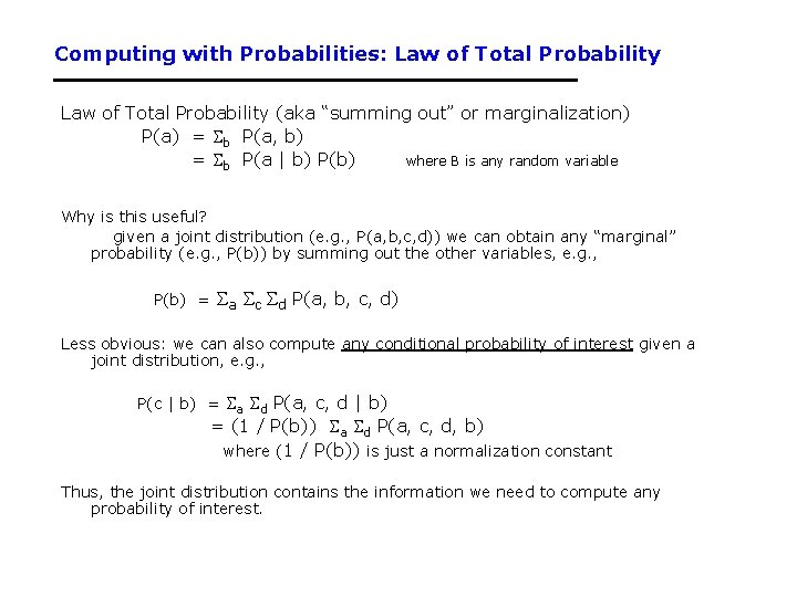 Computing with Probabilities: Law of Total Probability (aka “summing out” or marginalization) P(a) = Computing with Probabilities: Law of Total Probability (aka “summing out” or marginalization) P(a) =