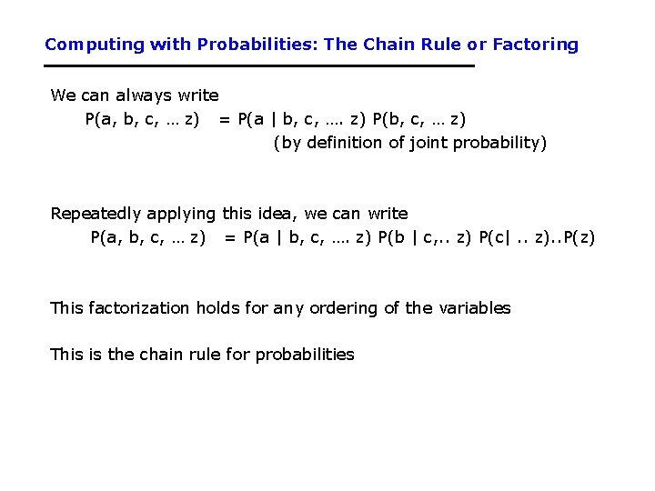 Computing with Probabilities: The Chain Rule or Factoring We can always write P(a, b, Computing with Probabilities: The Chain Rule or Factoring We can always write P(a, b,
