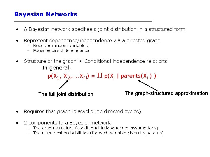 Bayesian Networks • A Bayesian network specifies a joint distribution in a structured form Bayesian Networks • A Bayesian network specifies a joint distribution in a structured form