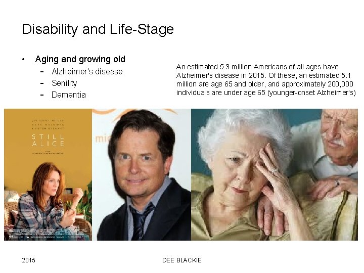 Disability and Life-Stage • Aging and growing old – Alzheimer's disease – Senility –
