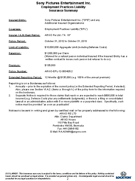 Sony Pictures Entertainment Inc. Employment Practices Liability Insurance Summary Insured Entity: Sony Pictures Entertainment