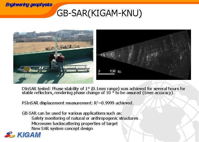 Engineering geophysics GB-SAR(KIGAM-KNU) DIn. SAR tested: Phase stability of 1° (0. 1 mm range)
