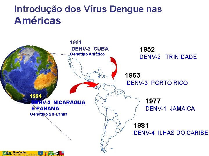 Introdução dos Vírus Dengue nas Américas 1981 DENV-2 CUBA Genotipo Asiático 1952 DENV-2 TRINIDADE