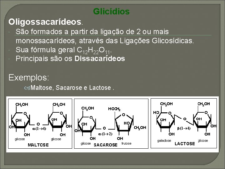 Glicídios Oligossacarídeos. São formados a partir da ligação de 2 ou mais monossacarídeos, através