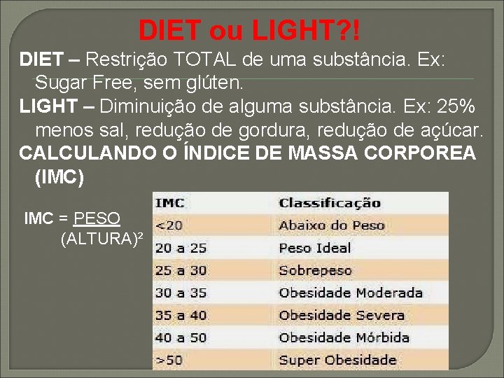 DIET ou LIGHT? ! DIET – Restrição TOTAL de uma substância. Ex: Sugar Free,