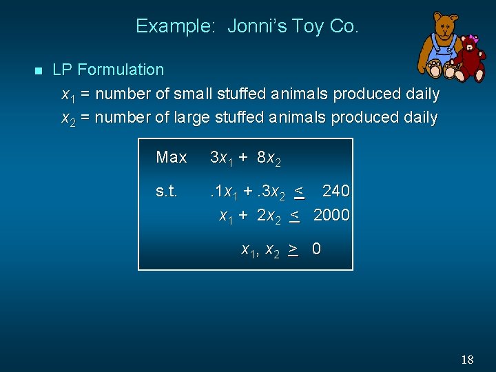 Example: Jonni’s Toy Co. n LP Formulation x 1 = number of small stuffed