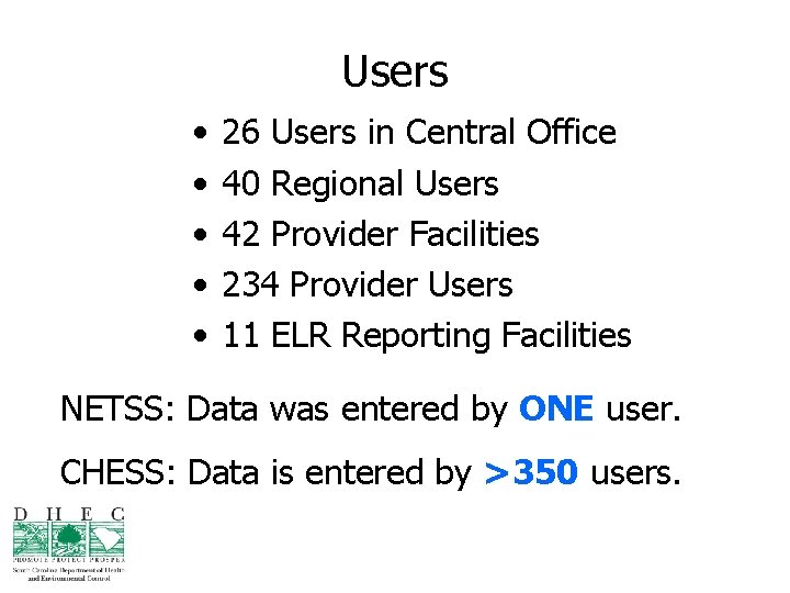 Users • • • 26 Users in Central Office 40 Regional Users 42 Provider