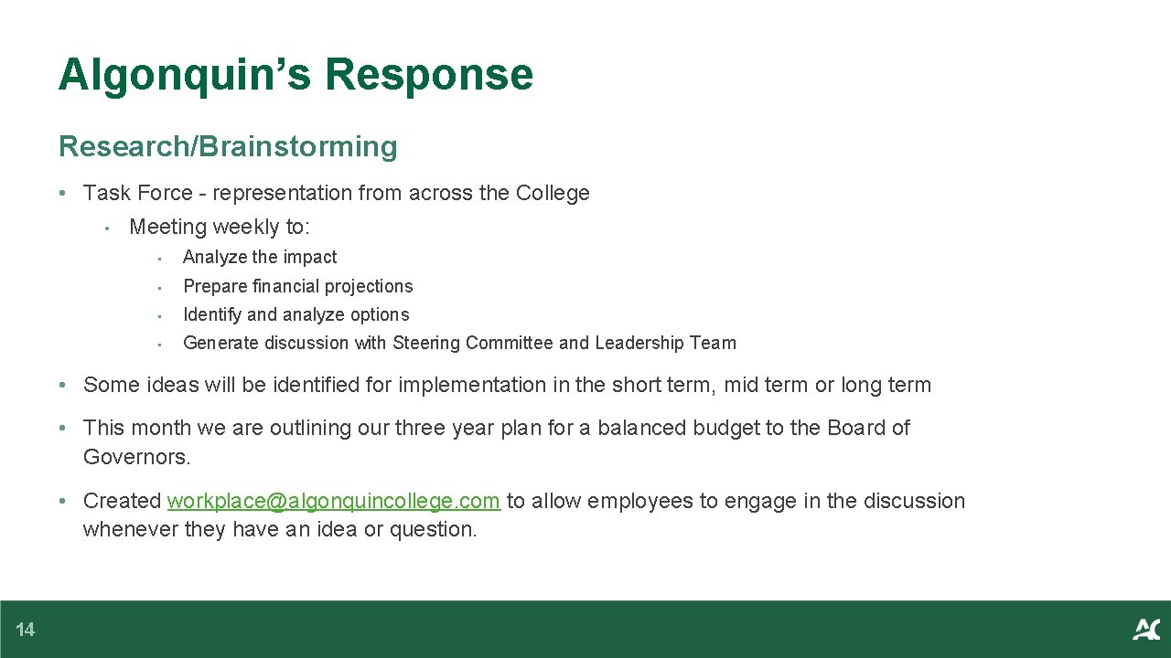 Algonquin’s Response Research/Brainstorming • Task Force - representation from across the College • Meeting