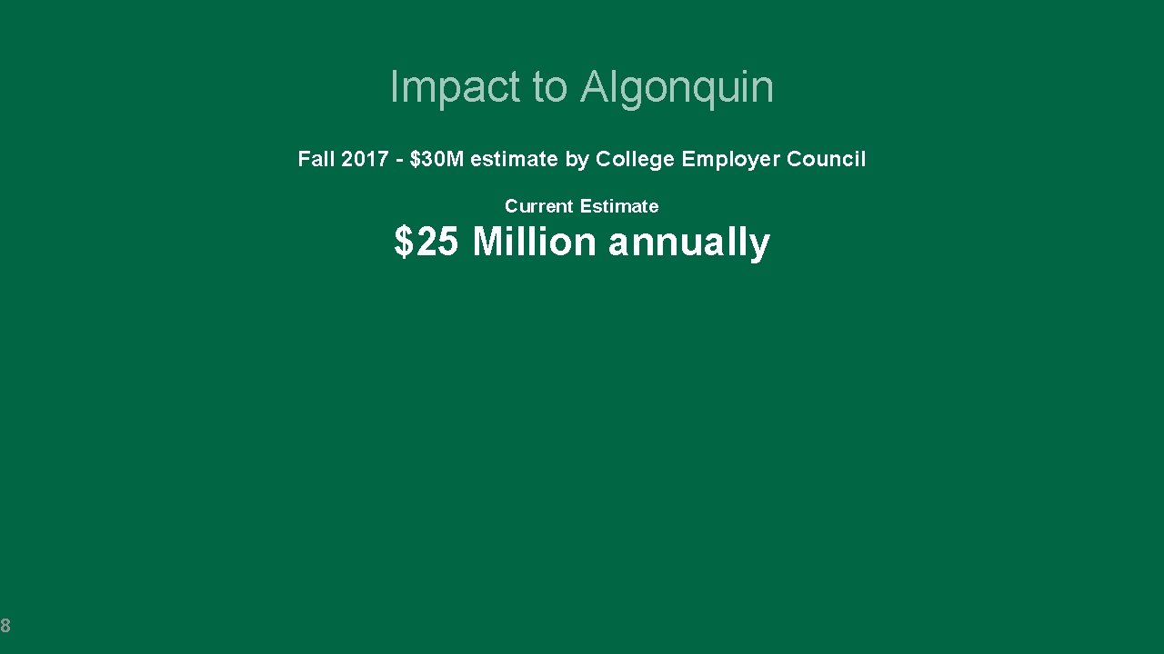 8 Impact to Algonquin Fall 2017 - $30 M estimate by College Employer Council