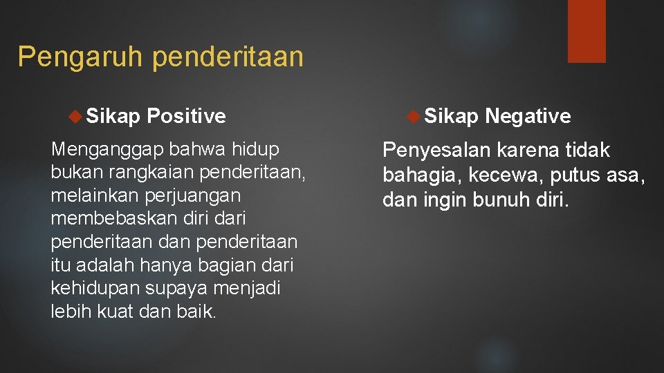 Pengaruh penderitaan Sikap Positive Menganggap bahwa hidup bukan rangkaian penderitaan, melainkan perjuangan membebaskan diri