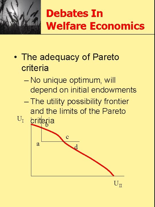 Debates In Welfare Economics • The adequacy of Pareto criteria – No unique optimum,