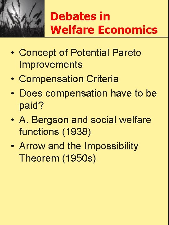 Debates in Welfare Economics • Concept of Potential Pareto Improvements • Compensation Criteria •