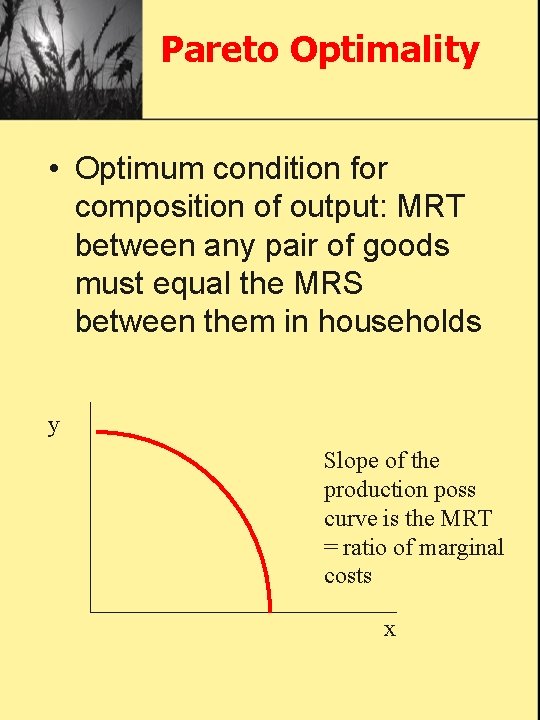 Pareto Optimality • Optimum condition for composition of output: MRT between any pair of