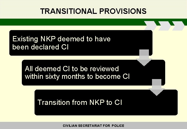 TRANSITIONAL PROVISIONS Existing NKP deemed to have been declared CI All deemed CI to