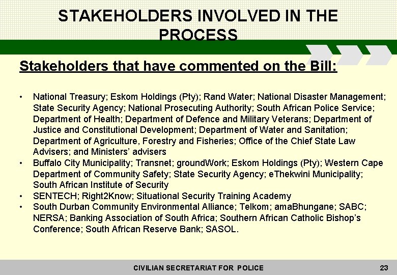 STAKEHOLDERS INVOLVED IN THE PROCESS Stakeholders that have commented on the Bill: • •