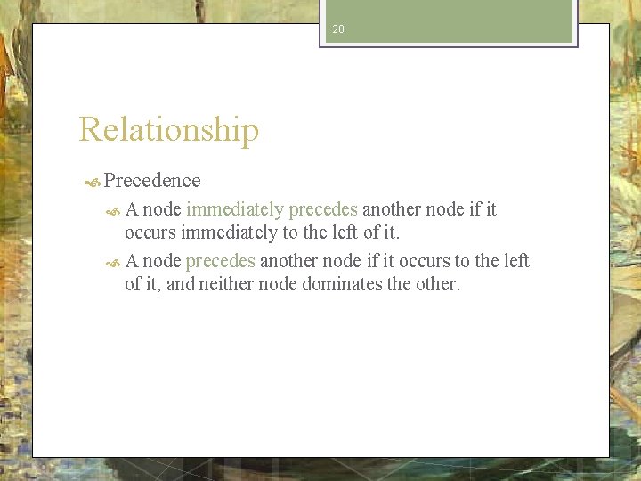 20 Relationship Precedence A node immediately precedes another node if it occurs immediately to