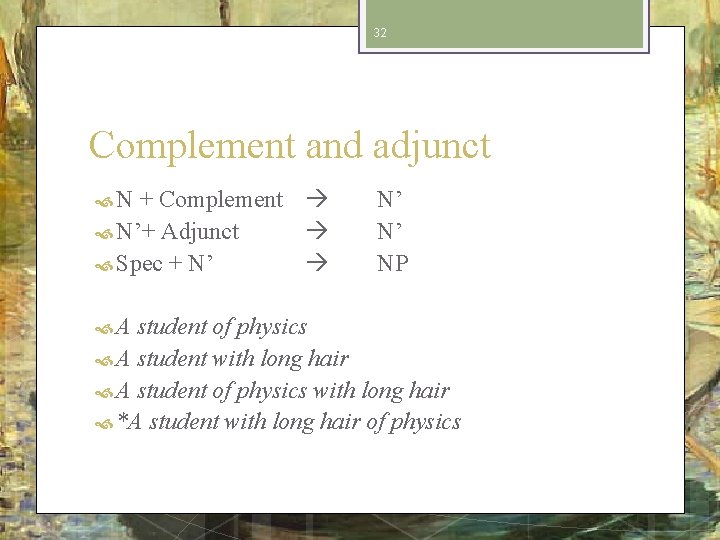 32 Complement and adjunct + Complement N’+ Adjunct Spec + N’ N A N’