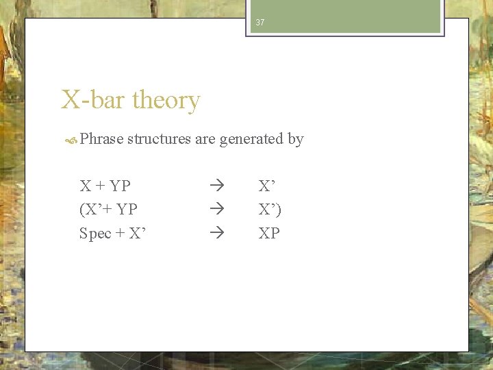 37 X-bar theory Phrase structures are generated by X + YP (X’+ YP Spec