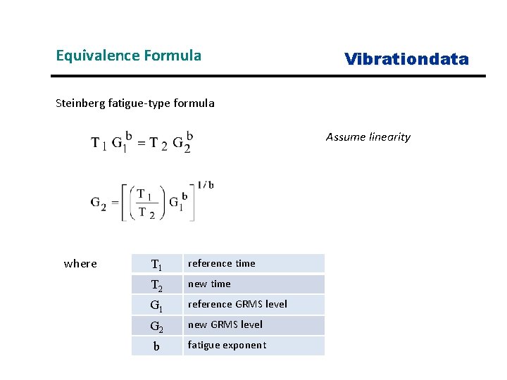 Equivalence Formula Vibrationdata Steinberg fatigue-type formula Assume linearity where T 1 reference time T