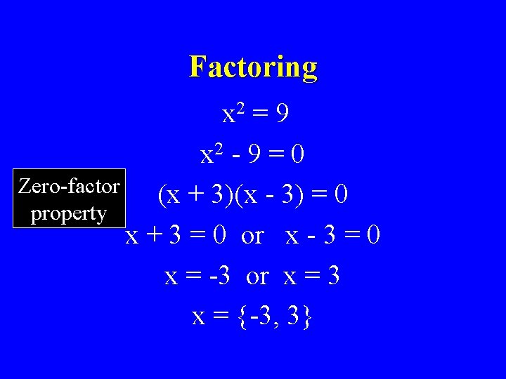 Factoring x 2 = 9 x 2 - 9 = 0 Zero-factor (x +