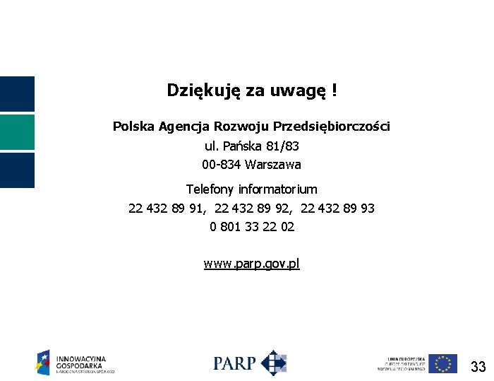 Dziękuję za uwagę ! Polska Agencja Rozwoju Przedsiębiorczości ul. Pańska 81/83 00 -834 Warszawa