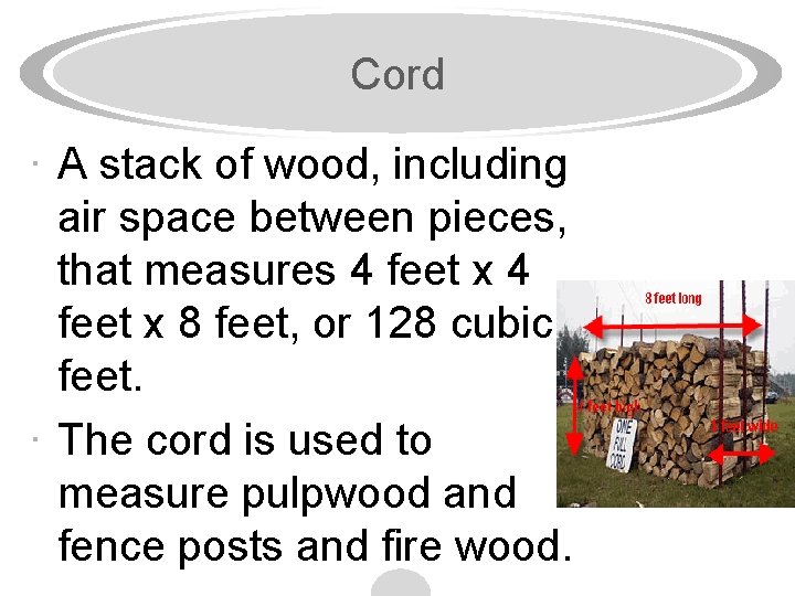Cord · A stack of wood, including air space between pieces, that measures 4