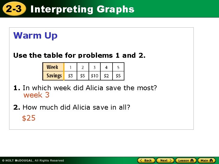 2 -3 Interpreting Graphs Warm Up Use the table for problems 1 and 2.