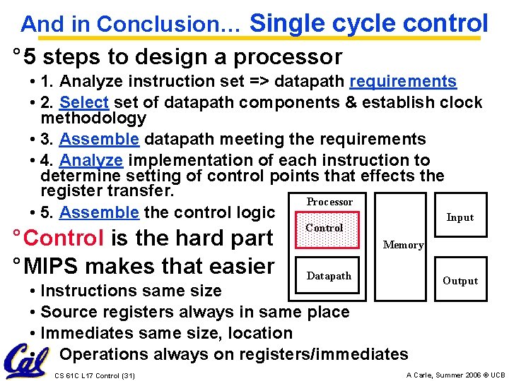 And in Conclusion… Single cycle control ° 5 steps to design a processor •