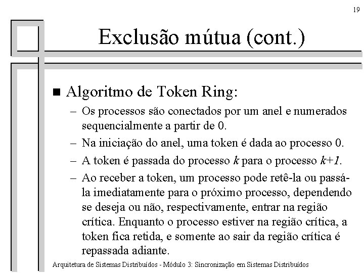 19 Exclusão mútua (cont. ) n Algoritmo de Token Ring: – Os processos são