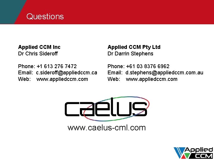 Questions Applied CCM Inc Dr Chris Sideroff Applied CCM Pty Ltd Dr Darrin Stephens