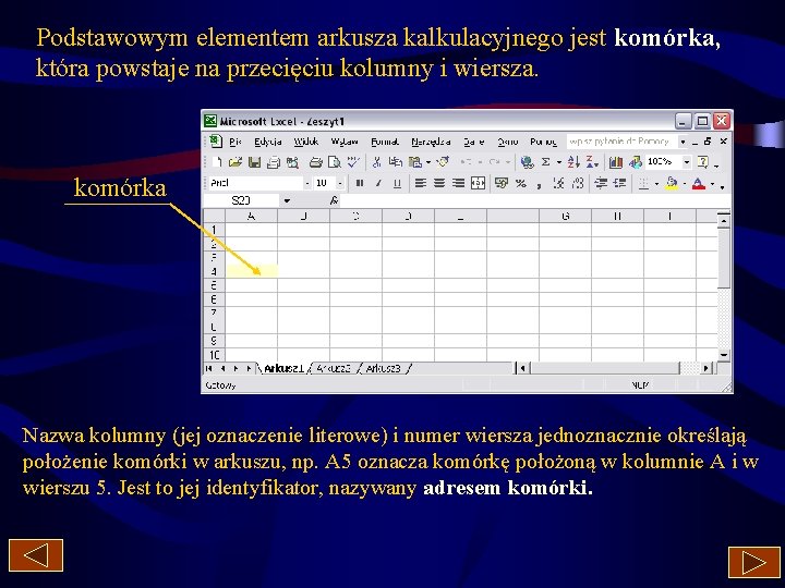 Podstawowym elementem arkusza kalkulacyjnego jest komórka, która powstaje na przecięciu kolumny i wiersza. komórka