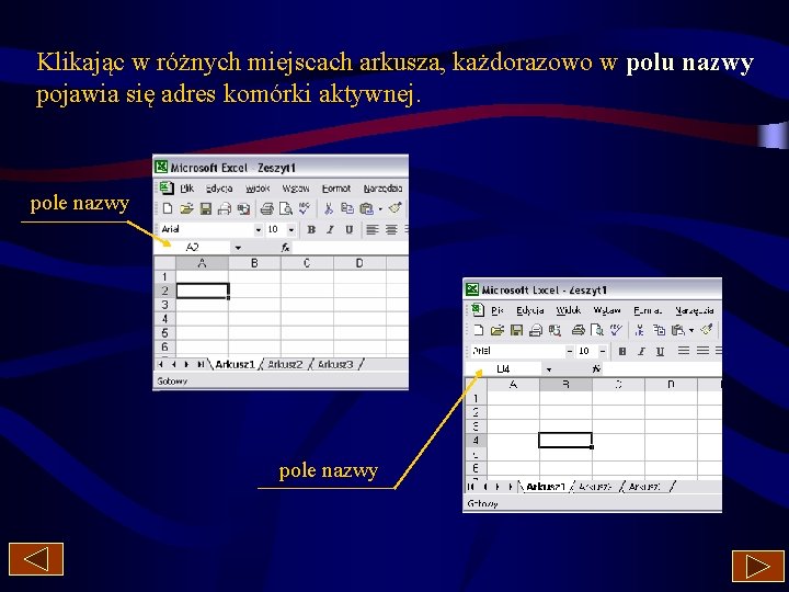 Klikając w różnych miejscach arkusza, każdorazowo w polu nazwy pojawia się adres komórki aktywnej.