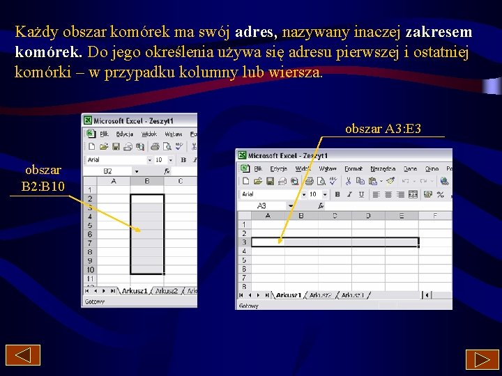 Każdy obszar komórek ma swój adres, nazywany inaczej zakresem komórek. Do jego określenia używa