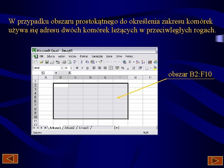 W przypadku obszaru prostokątnego do określenia zakresu komórek używa się adresu dwóch komórek leżących