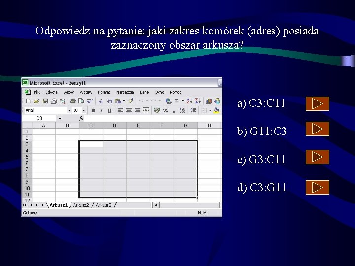 Odpowiedz na pytanie: jaki zakres komórek (adres) posiada zaznaczony obszar arkusza? a) C 3: